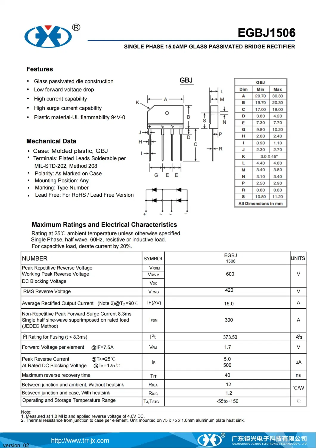 Juxing Egbj1506 600V15A Ifsm300A Vf1.7A Bridge Rectifiers Diode with Gbj