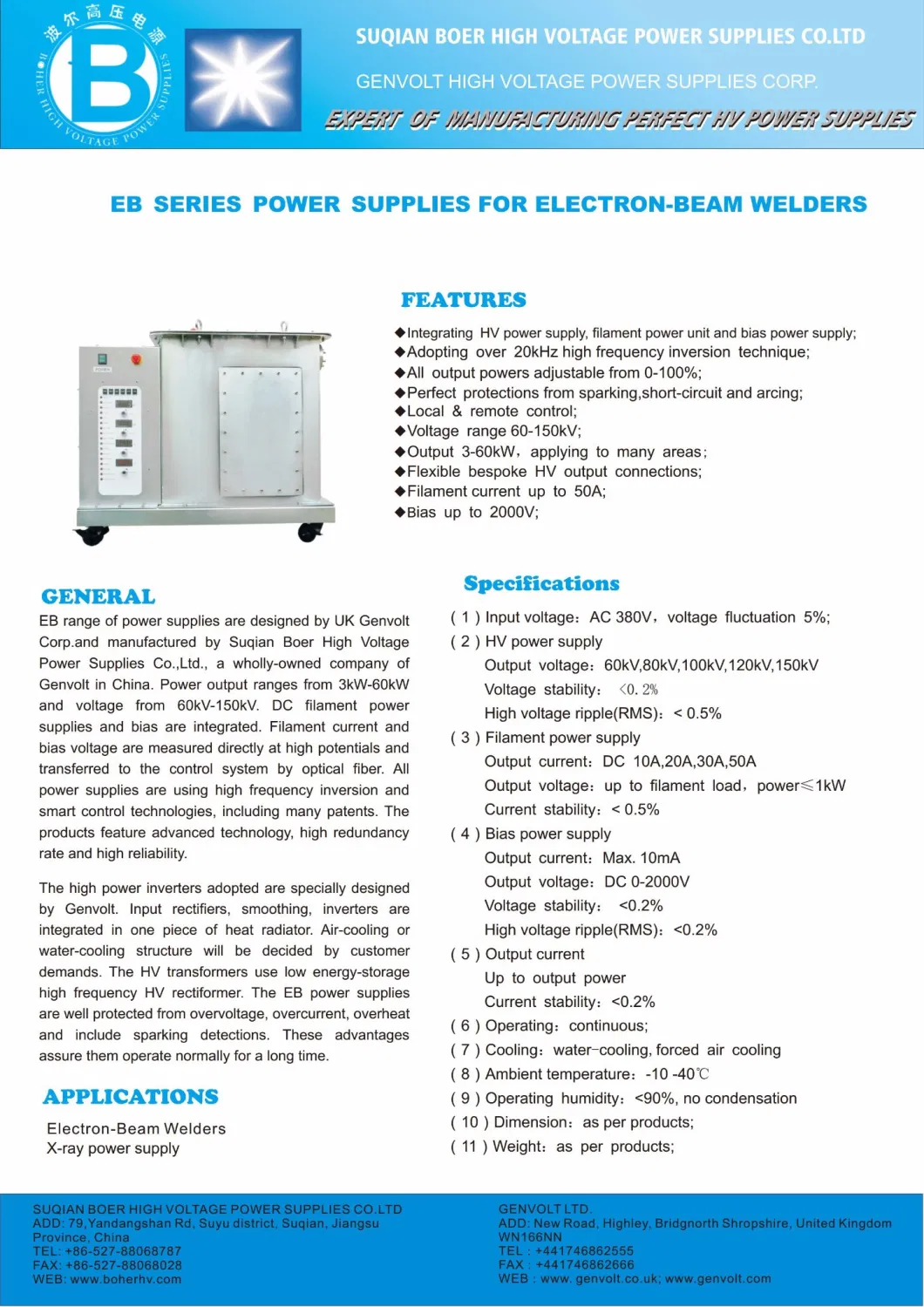 Electron beam welder high voltage power supply 6kW 150kV EB-380-6kW-150kV-F30A-B2kV