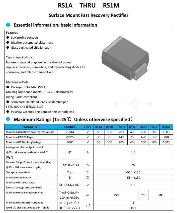 Fast Recovery Rectifier Do-214AC 1A 1000V SMD RS1m Fast Recovery Rectifier Diode