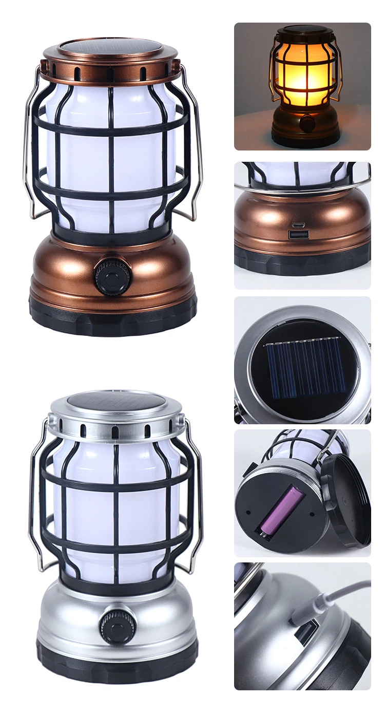 Multifunctional Outdoor Power Vintage Lights Camping Lights Flame Ambient Solar Camping Lights Handheld LED Lighting Rechargeable Retro Classic Camping