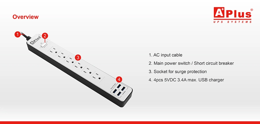 15A 6 Outlets USB Charge Power Strip Surge Protector
