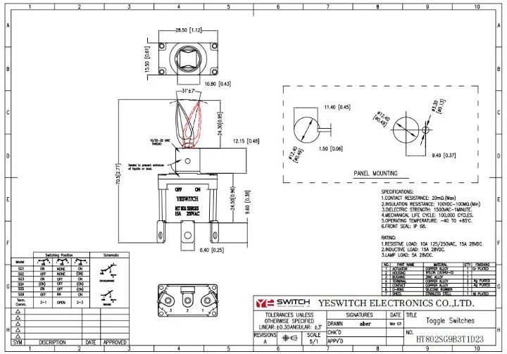 Ht802 Series IP68 Waterproof 15A 28VDC Single/Double Pole Spdt Dpdt Toggle Switch on-on/on-off-on Lock Momentary for Automotive and Aerospace Toggle Switch