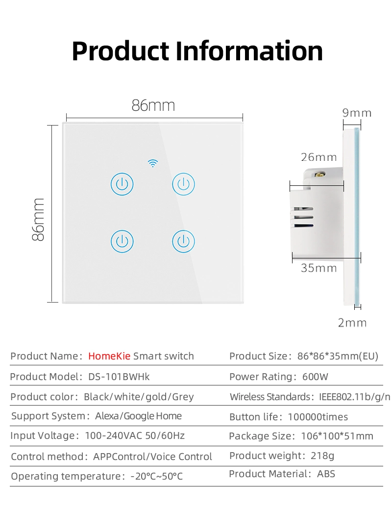 Good Price for Homekit Smart Wall Switch with White, Black, Gold, Grey Color Remote Control Support Voice Open and Close WiFi Swithes