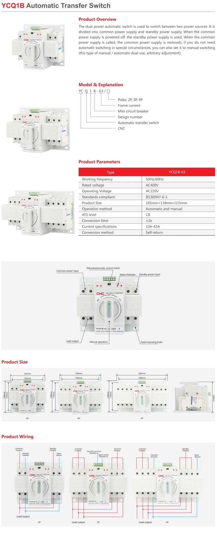 Ycq1b-63 2p Manual Automatic Dual-Use 220V 50Hz ATS Self Return Electric Automatic Transfer Switch