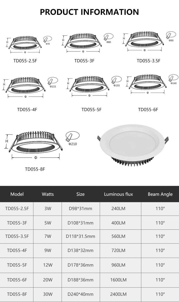 Wholes Mounted Recessed Downlight Aluminum LED Down Light