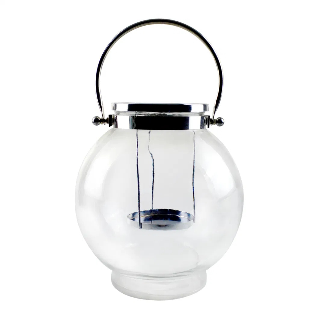 Round Pure Decoration Glass Lantern Candle Holder Wedding Festival With Metal Handle