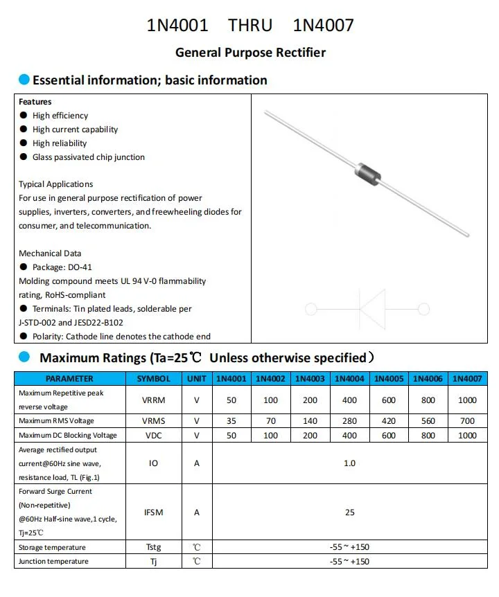 1n4007 with Do-41 Package 1000V/1A General Purpose Rectifier Semiconductor Diode