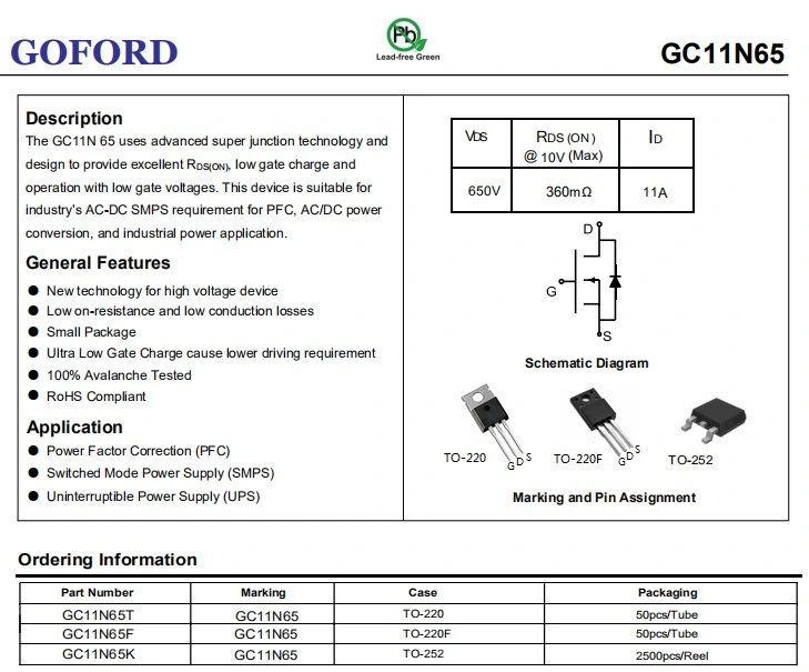 High Voltage Gc11n65K Super Junction Mosfet Transistor 650V 11A