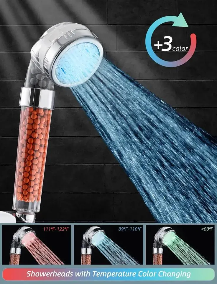 Bathroom Color Changing LED Shower Head Temperature Display Vitamin Shower Head 3 Color Lighting