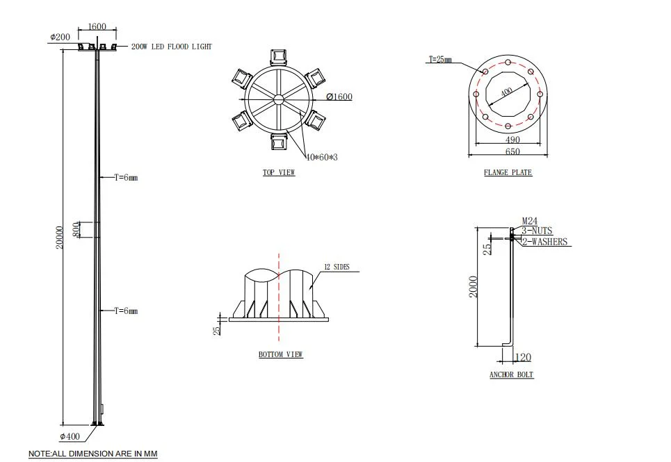 Q235 Galvanized Steel Column Light Pole for Lighting Fixture