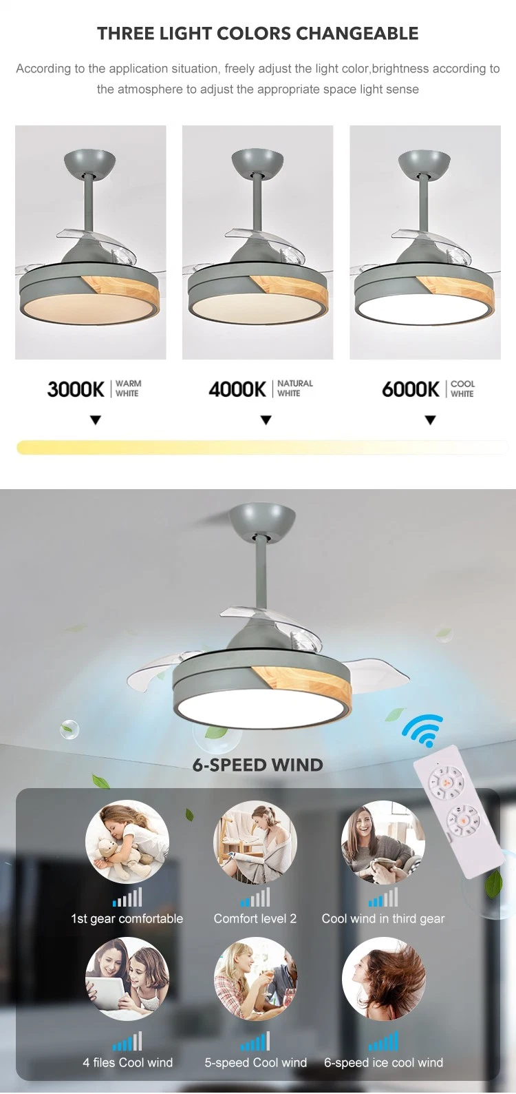 42 Inch Modern Decoration Indoor Low Noise Retractable Blade Ceiling Fan with light Remote Control