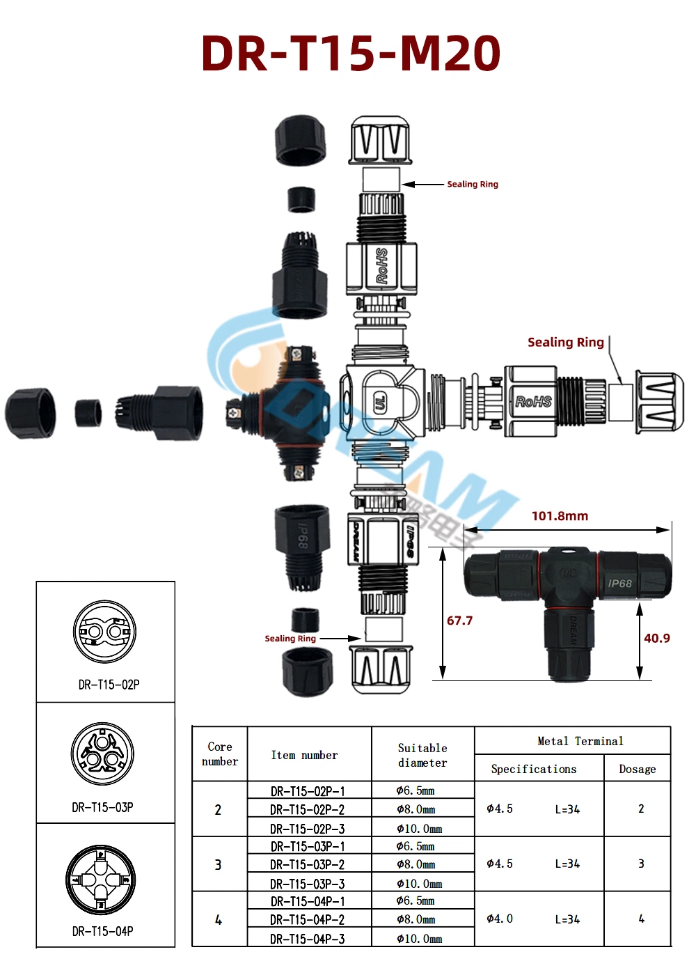 IP68 Movable Waterproof Cable Plug for LED Electrical Contact