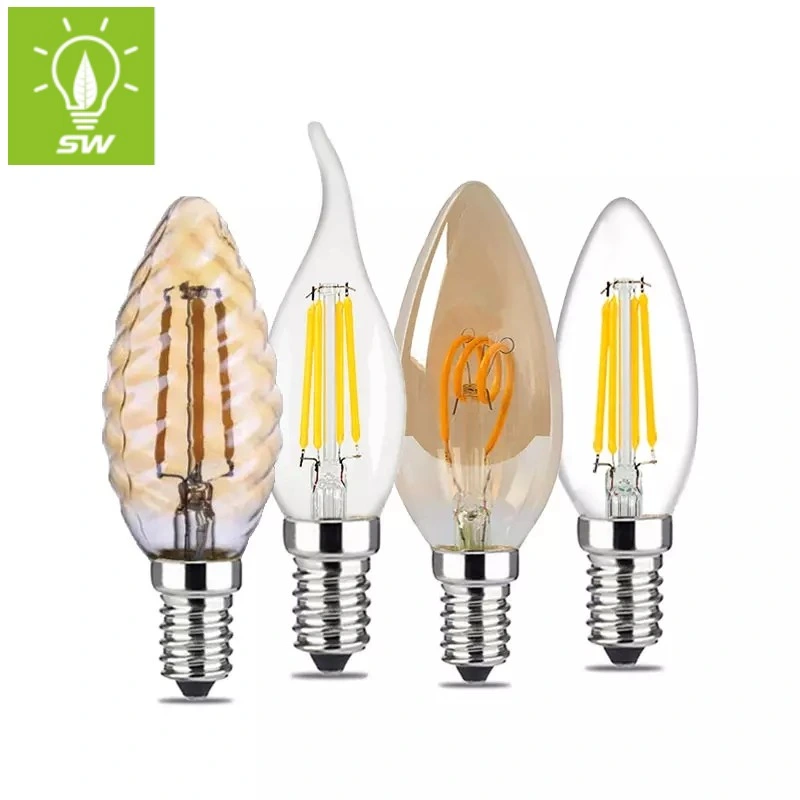 Derorative Candle C35 Frosted Clear Golden 2W 4W LED Straight Soft Filament Lamp Lighting Bulb with Cool Warm Day Light E14 E27 B22 B15