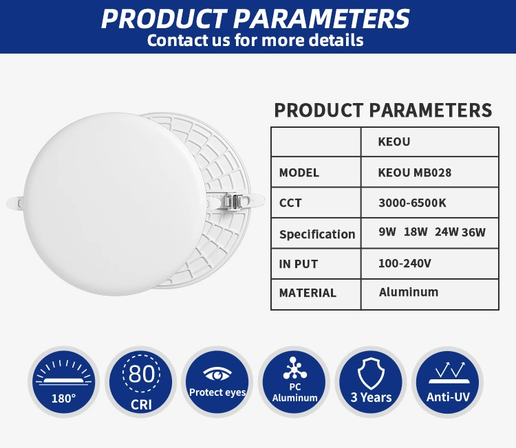 Keou RoHS Nature White 9W 18W 24W 36W Recessed Round Ceiling Light LED Panel Light