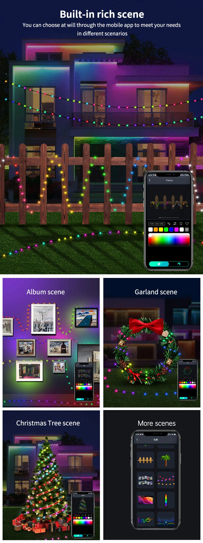 RGB Smart Fairy String Lights with 33FT USB/Solar/Battery Box DIY Twinkle Lights Remote &amp; APP Controlled Music Sync for Christmas