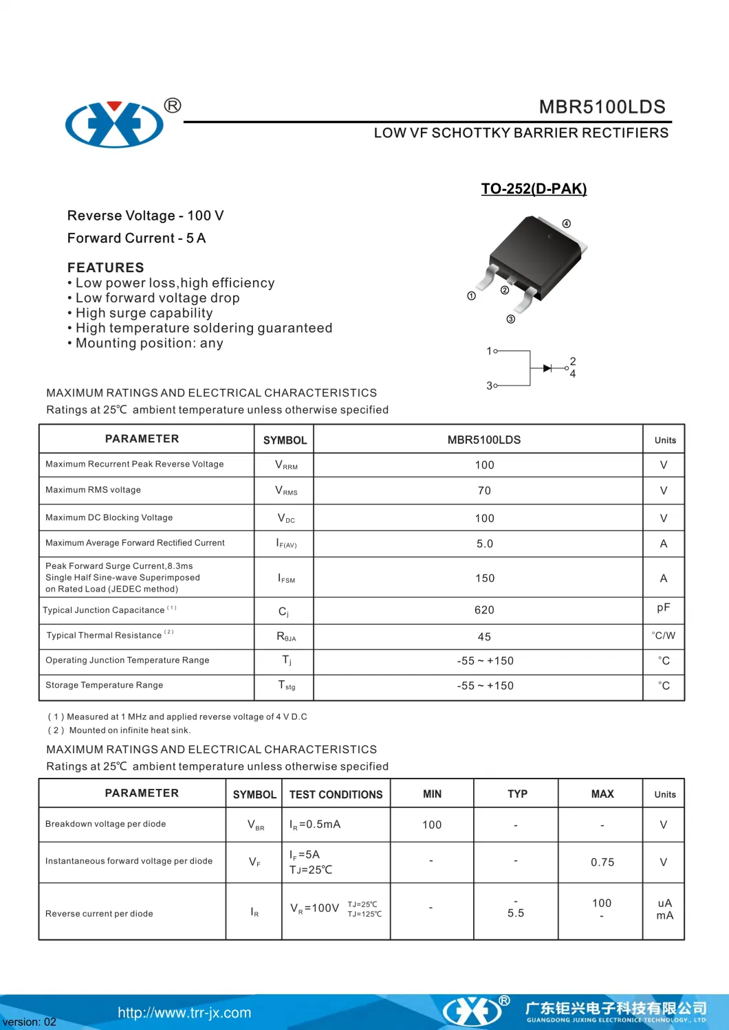 Juxing Mbr5100lds 100V5a Ifsm150A Low Vf Surface Mount Schottky Barrier Rectifiers with to-252