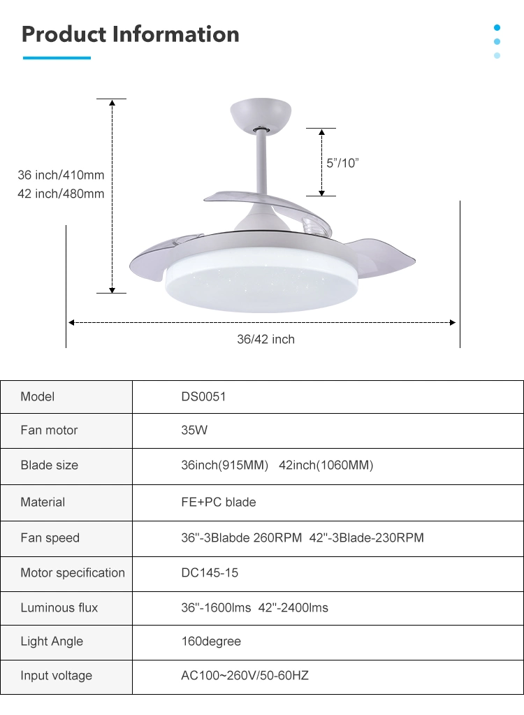 36 Inch Modern Decorative Folding Fan Invisible Ceiling Fan Light