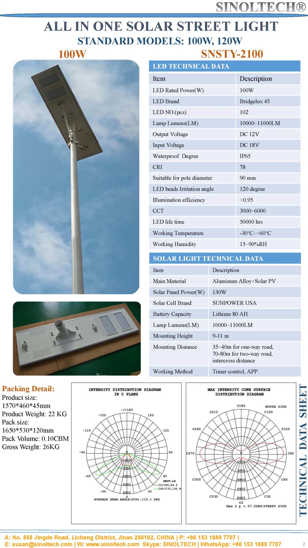 All in One 100W LED Outdoor Solar Lighting Fixtures (SNSTY-2100)