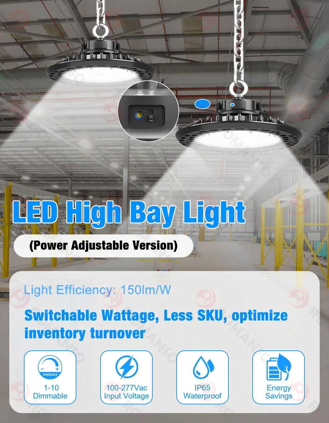 Romanso China Switchable Wattage Industrial LED UFO High Bay Lighting