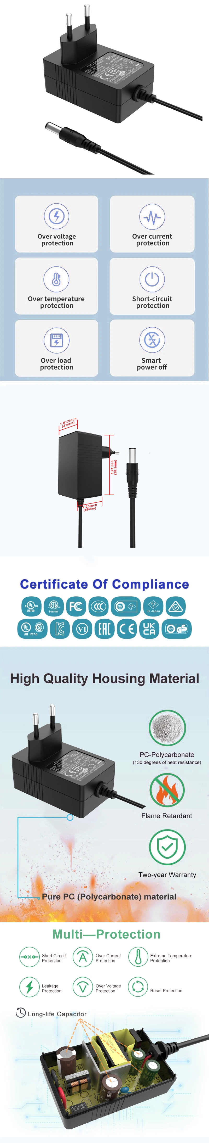 Power Adapter 12V 2A Power Adapter 5V 12V 24V 36V 2A 3A UK Us UK CE Plug Power Supply with ETL, FCC, Kcc, Kc, Bis, PSE, CE, FCC, Certs