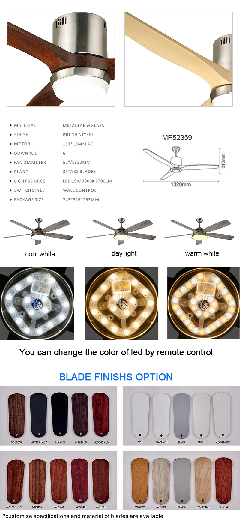 Manufacturer Cheaper 52 Inch 3 ABS Blades Fashion Simple Exhaust Ventilation Fan Decorative LED Light Air Cooler Lamp Remote Control Luxury Cooling Ceiling Fan