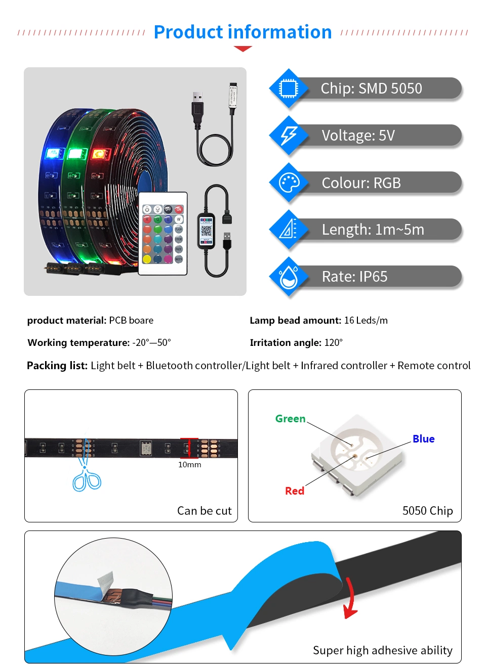5V USB LED Strip Light for Holiday Decoration 5050 RGB Colour with 24key Remote