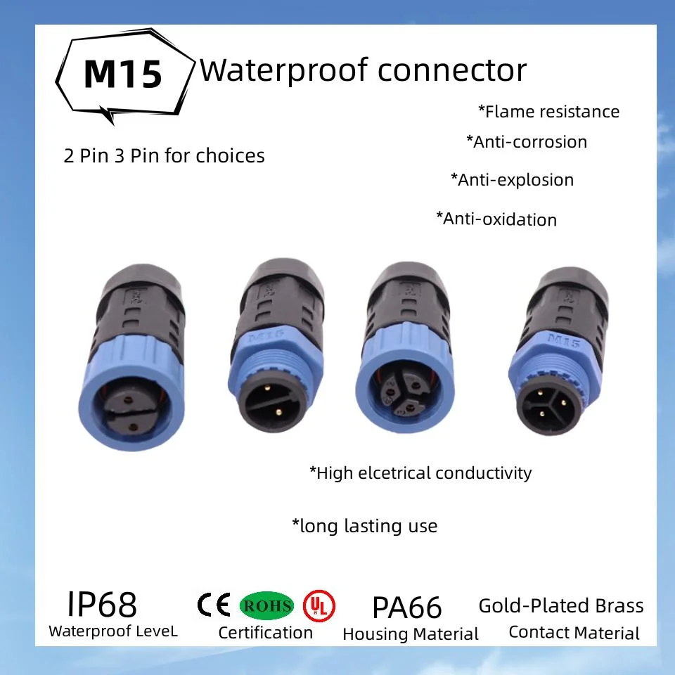 2 Core 3core 0.5mm Sqm /20AWG Cable Connector M15 Waterproof Cable Connector IP67 Electrical Plug