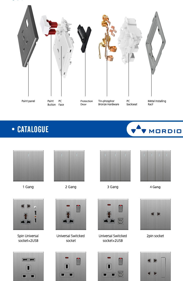 T3.1 2023 Ultra-Thin Stainless Steel Electric Light Wall Switch and Socket UK Standard Electrical Wall Switch for Wholesaler