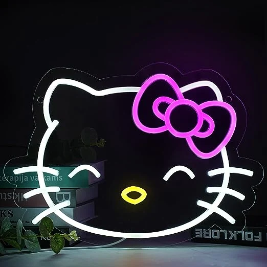 Goldmore1 Hello Kit Neon Sign, Anime Kawaii Cat Neon Light for Bedroom, Game Room, Kids Birthday Xmas Easter Party Decor Gift