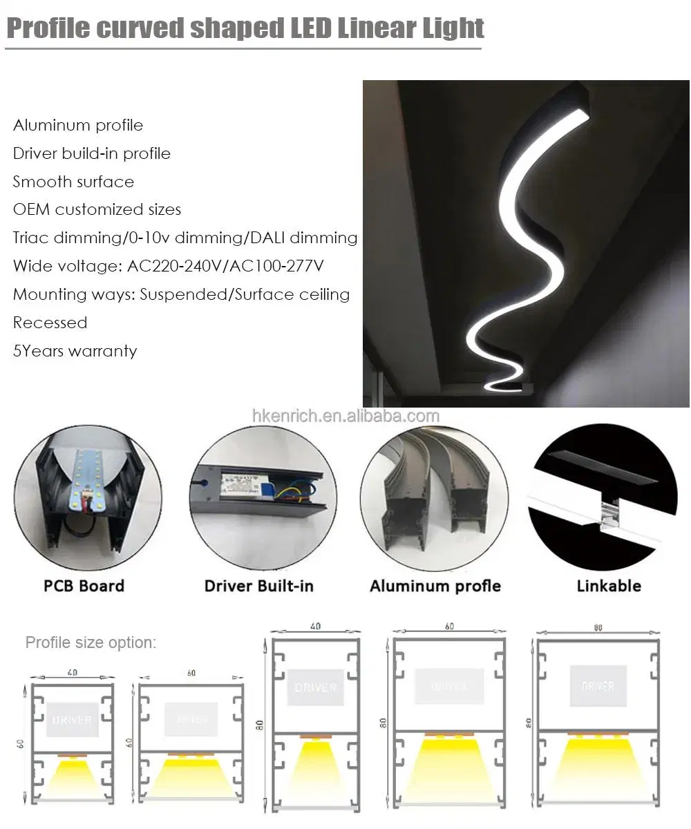 60X80mm Round/Curve/Oval Shape LED Linear Light with Suspension Ceiling Mounted for Modern Office Reception