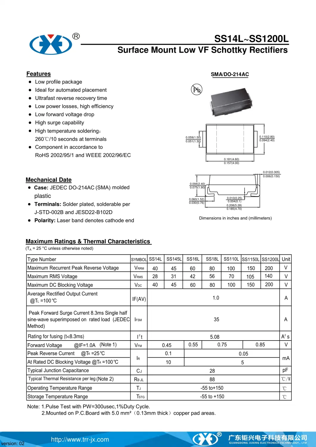 Juxing Ss18L 80V1a Ifsm35A Vf0.75 Surface Mount Low Vf Schottky Rectifiers Diode with SMA