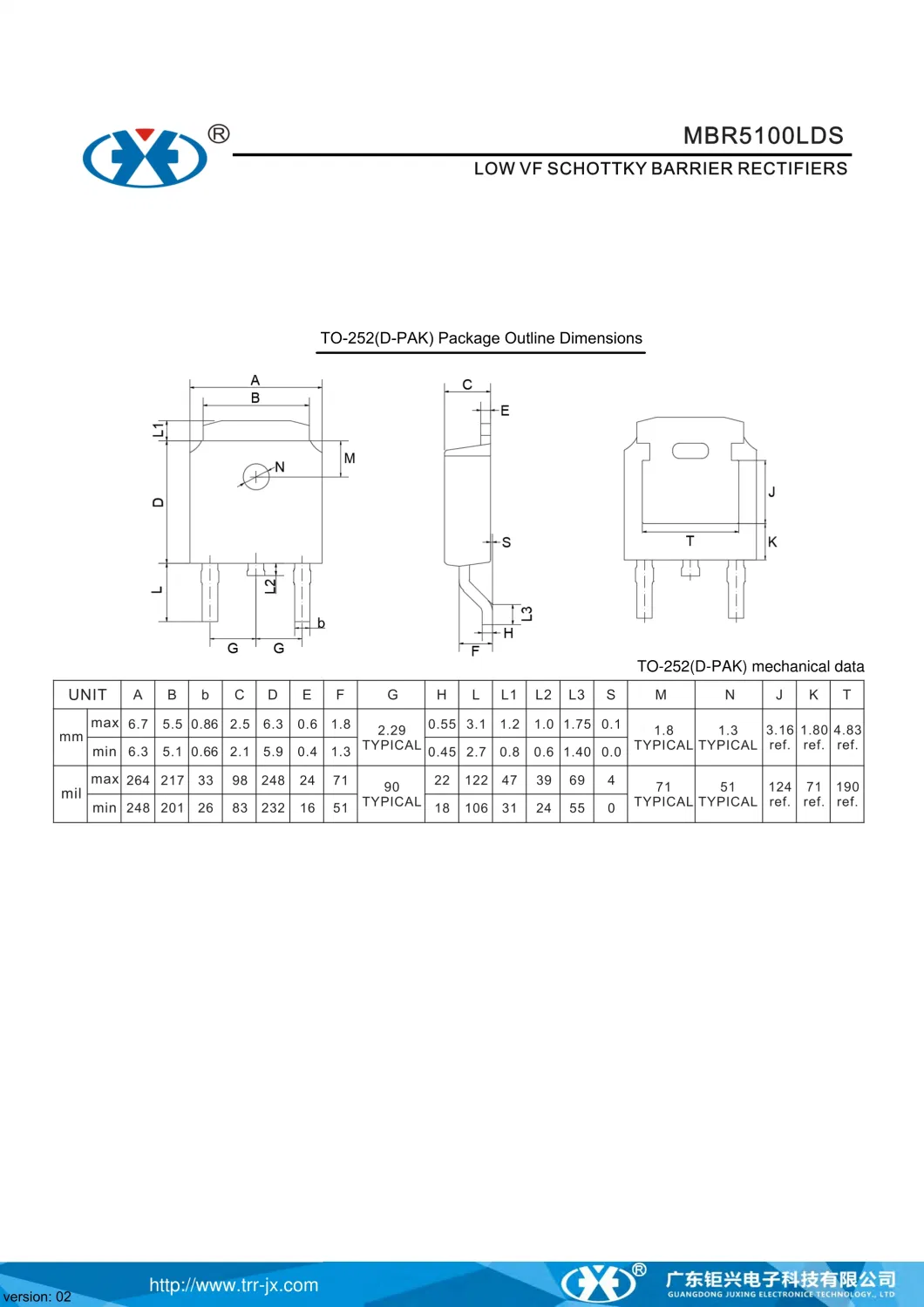 Juxing Mbr5100lds 100V5a Ifsm150A Low Vf Surface Mount Schottky Barrier Rectifiers with to-252