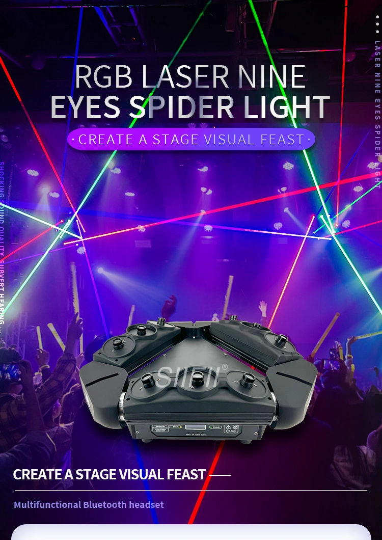 Laser Projector DMX Stage Lighting 9 Eyes Green Spider Moving Head Beam Light Colorful Effects DJ Disco Music Party Lights