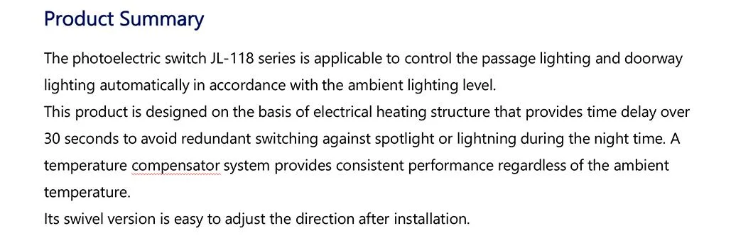 Jl-118 Direct Wire-in Thermal Dimmer Lighting Switch Sensor Switch Auto Lighter PIR Sensor Photocontrol