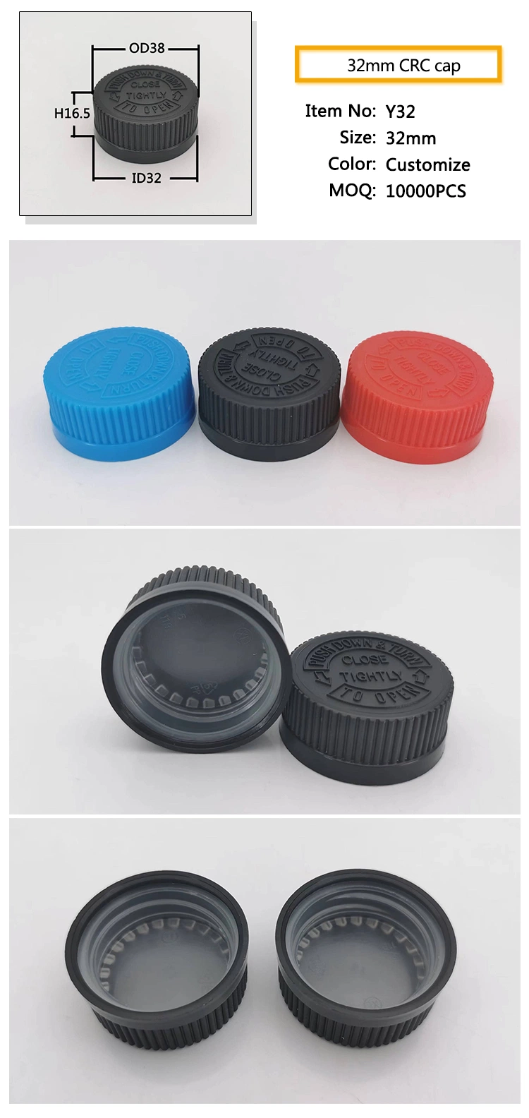 32mm Child Resistant Cap Ribbed Side Double Wall Plastic Cap