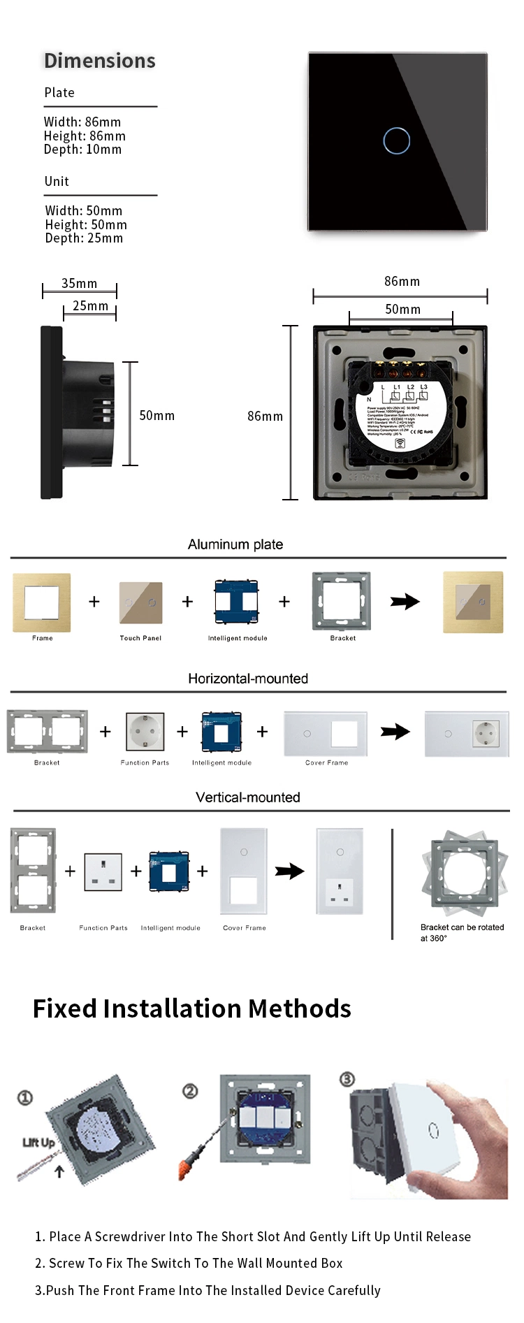 Klass 86mm Tuya Smart Switch Zigbee WiFi Wall Switch Touch Glass Panel Switch Light Switch