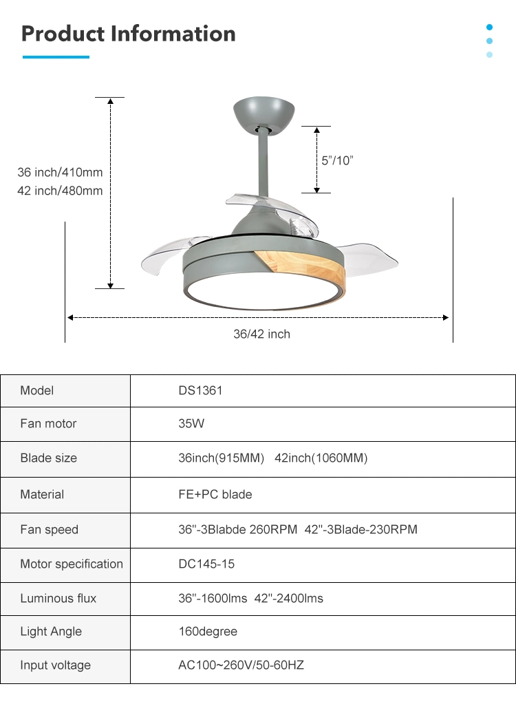 42 Inch Modern Decoration Indoor Low Noise Retractable Blade Ceiling Fan with light Remote Control