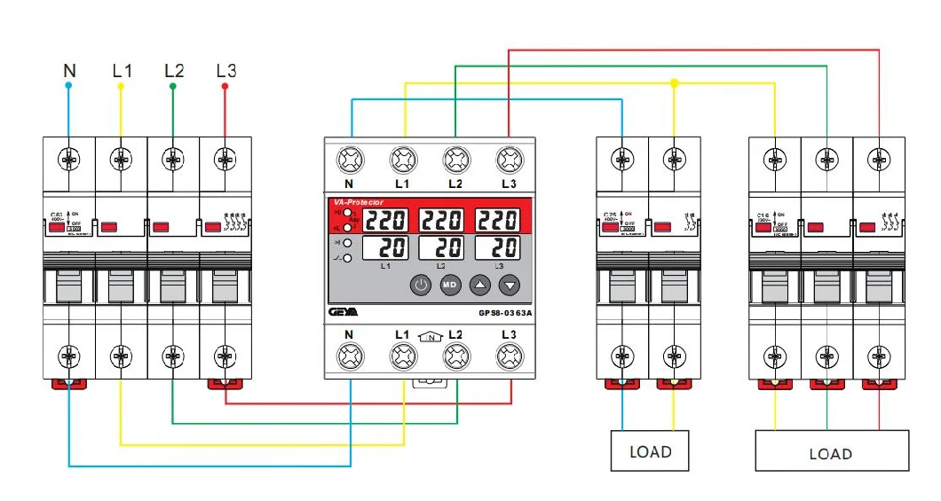 Geya GPS8-03 63A Three Phase Over/Under 230VAC Home Usage Dual Display Adjustable Digital Voltage Protector DIN Rail Mounted Low Voltage Protector