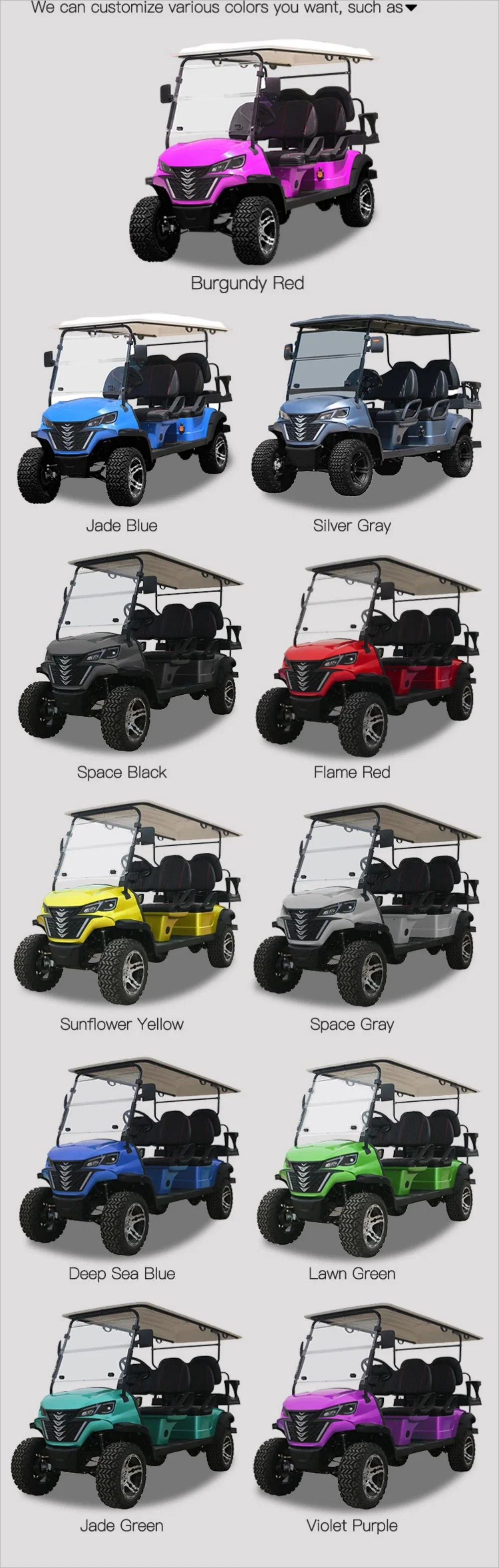 China Factory Exit Custom 2/4/6/8 Seat Solar Panels Club Car Electric Golf Cart Multifunction off Road Hunting Golf Carts