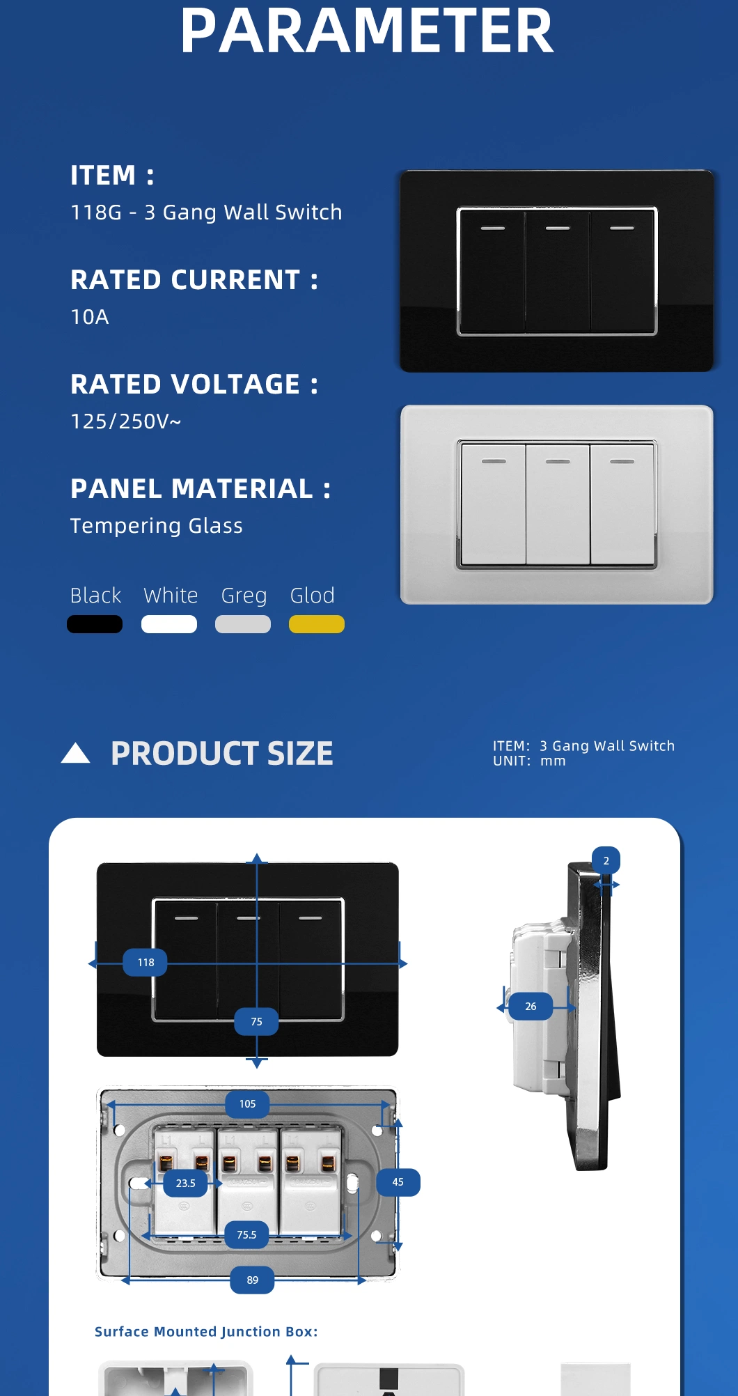 Luxury New Design China Manufacturer 3 Gang on off Switch