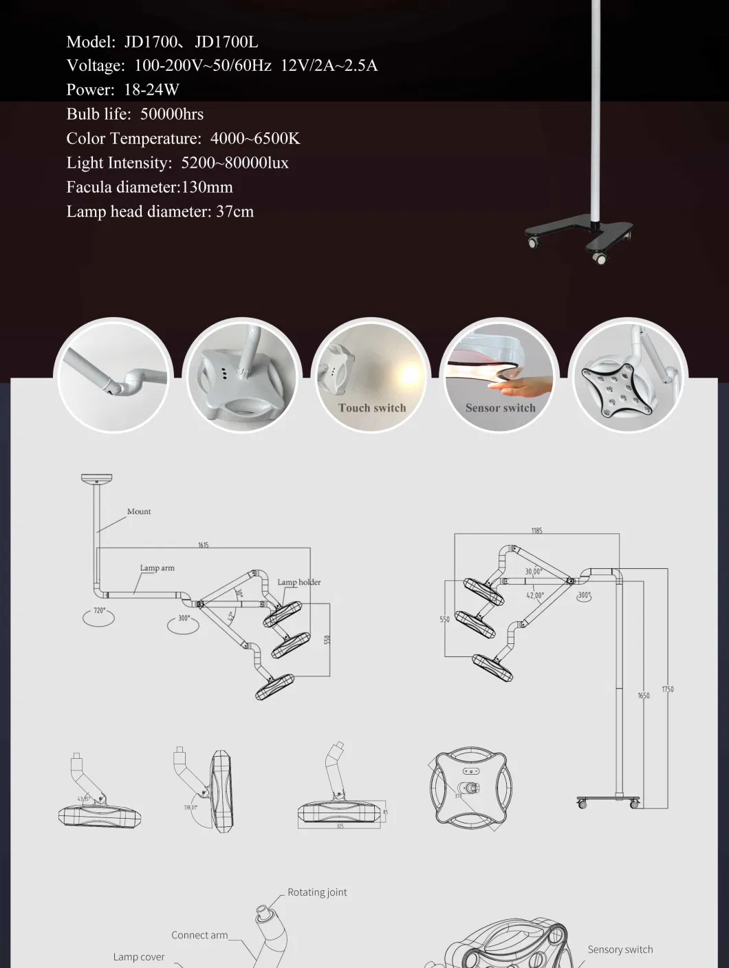 Jd1700L LED 30W Small Floor Standing Surgical Light Op-Lamp for Dental Procedures Dental Surgical Lamp