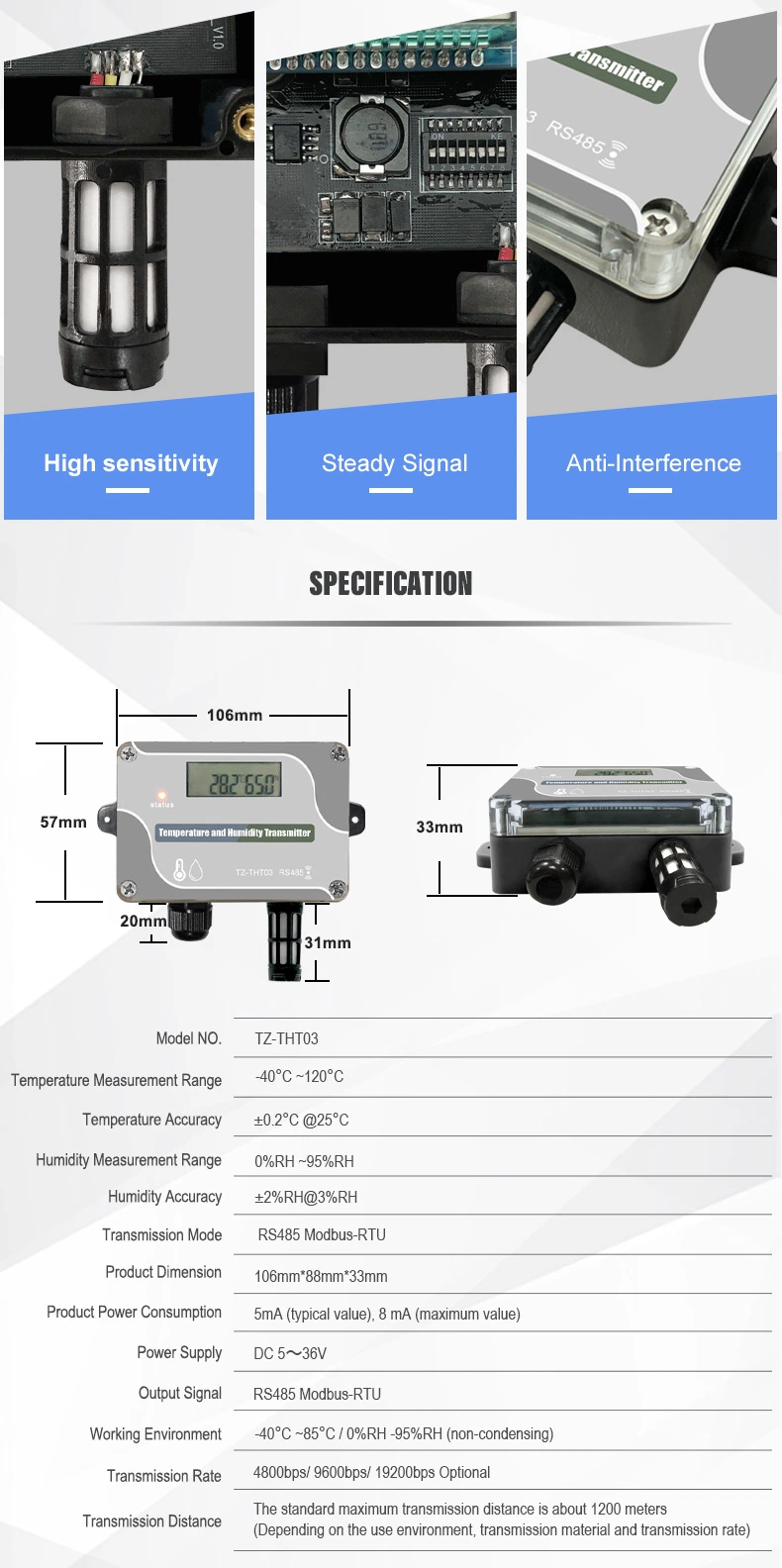 Temperature Humidity Sensor Industrial Transmitter Humidity Transmitter RS485 Sensor for Server Room