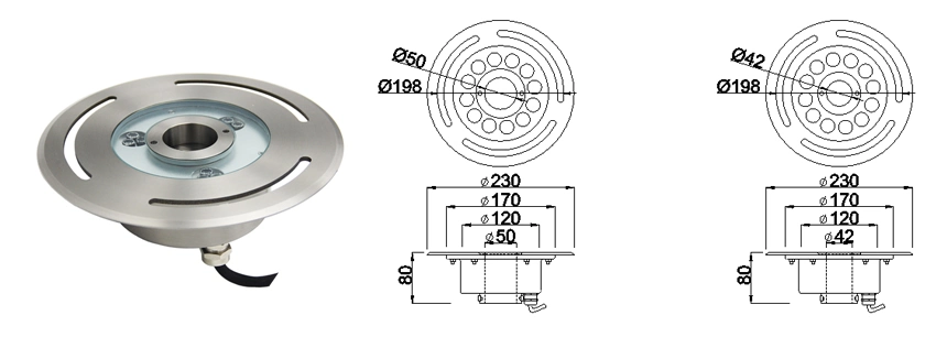 SS304 Dry Deck Fountain Lamp Nozzle Hole Size 42mm Floor Recessed RGB DMX IP68 Waterproof LED Water Feature up Lighting