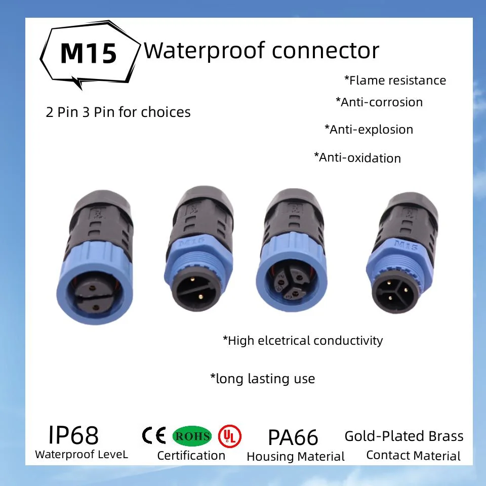 Aohua Factory Hot Sales M15 Cable Connector IP67 Outdoor Power Supply Wire Adapter 1.5/1.0/0.75/0.5mm Sqm Cable Receptacle 2pin 3pin Male Female Electrical Plug