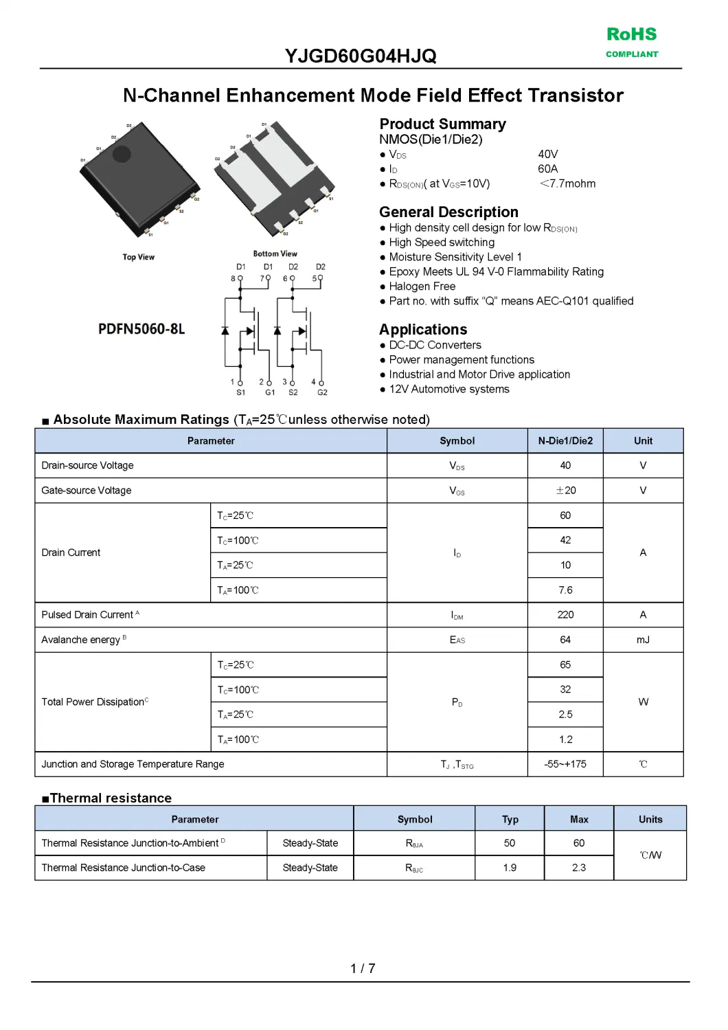 N-Channel Enhancement Mode Field Effect Transistor Moisture Sensitivity Level 1 PDFN5060-8L Fetures Applications YJGD60G04HJQ