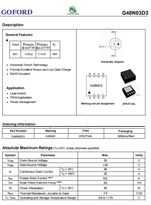 Mosfet Manufacturer G48n03D3 30V 48A Dfn Package IC Transistor for Fast Charger