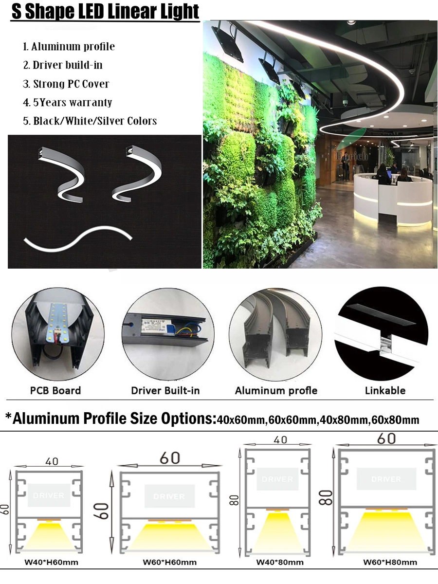 60X80mm Round/Curve/Oval Shape LED Linear Light with Suspension Ceiling Mounted for Modern Office Reception