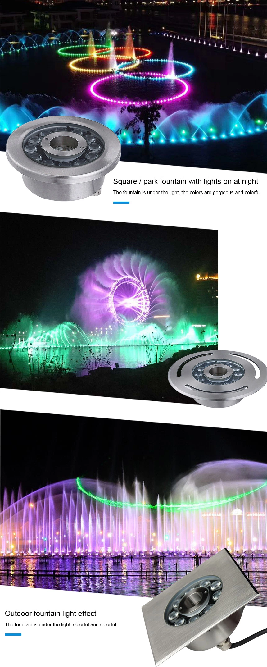 SS304 Dry Deck Fountain Lamp Nozzle Hole Size 42mm Floor Recessed RGB DMX IP68 Waterproof LED Water Feature up Lighting