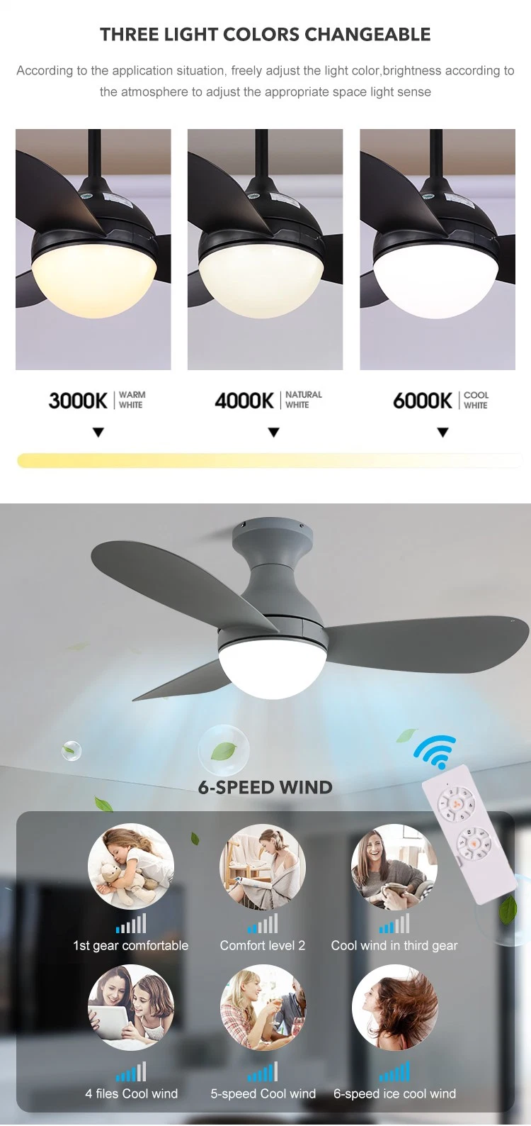 42 Inch Energy Saving AC DC Motor 3 Blades Modern LED Ceiling Fan Lights