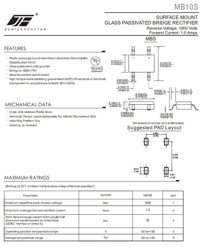 MB10s 1A 1000V Glass Passivated Bridge Rectifier with Mbs Package